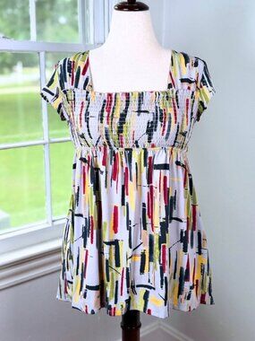 Smocked Empire Waist Peplum Babydoll Tunic Top Large ELLE Rainbow Art Teacher